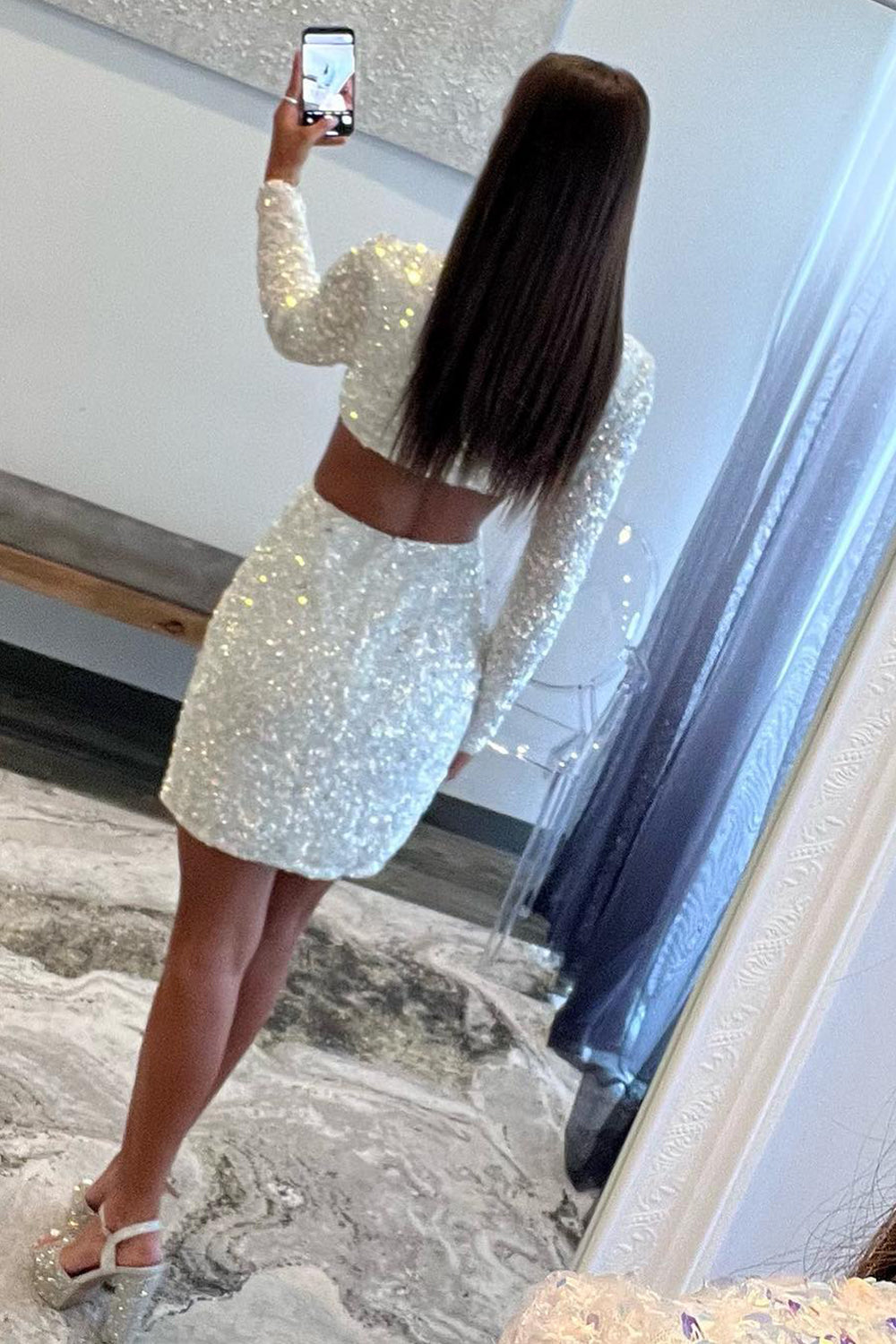 Mermaid V-Neck Sequin Side Cutout Short Homecoming Dress with Sleeves