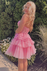 Short A-line Appliques Lace StraplessMulti-Layers Homecoming Dress