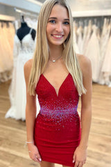 Mermaid Red V-Neck Open Back Short Homecoming Dress with Beads