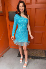 One Shoulder Long Sleeves Mermaid Homecoming Dress with Tassel