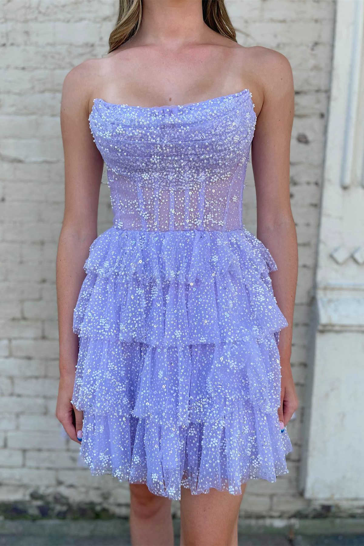Glitter A-line Strapless Short Homecoming Dress with Beads