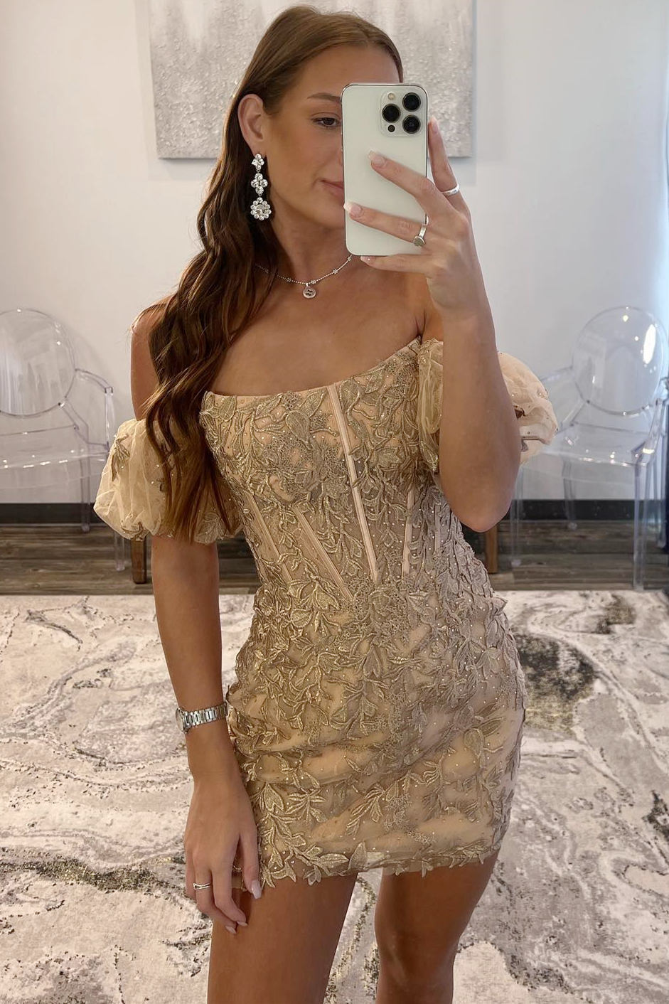 Strapless Gold Mermaid Homecoming Dress with Appliques Lace