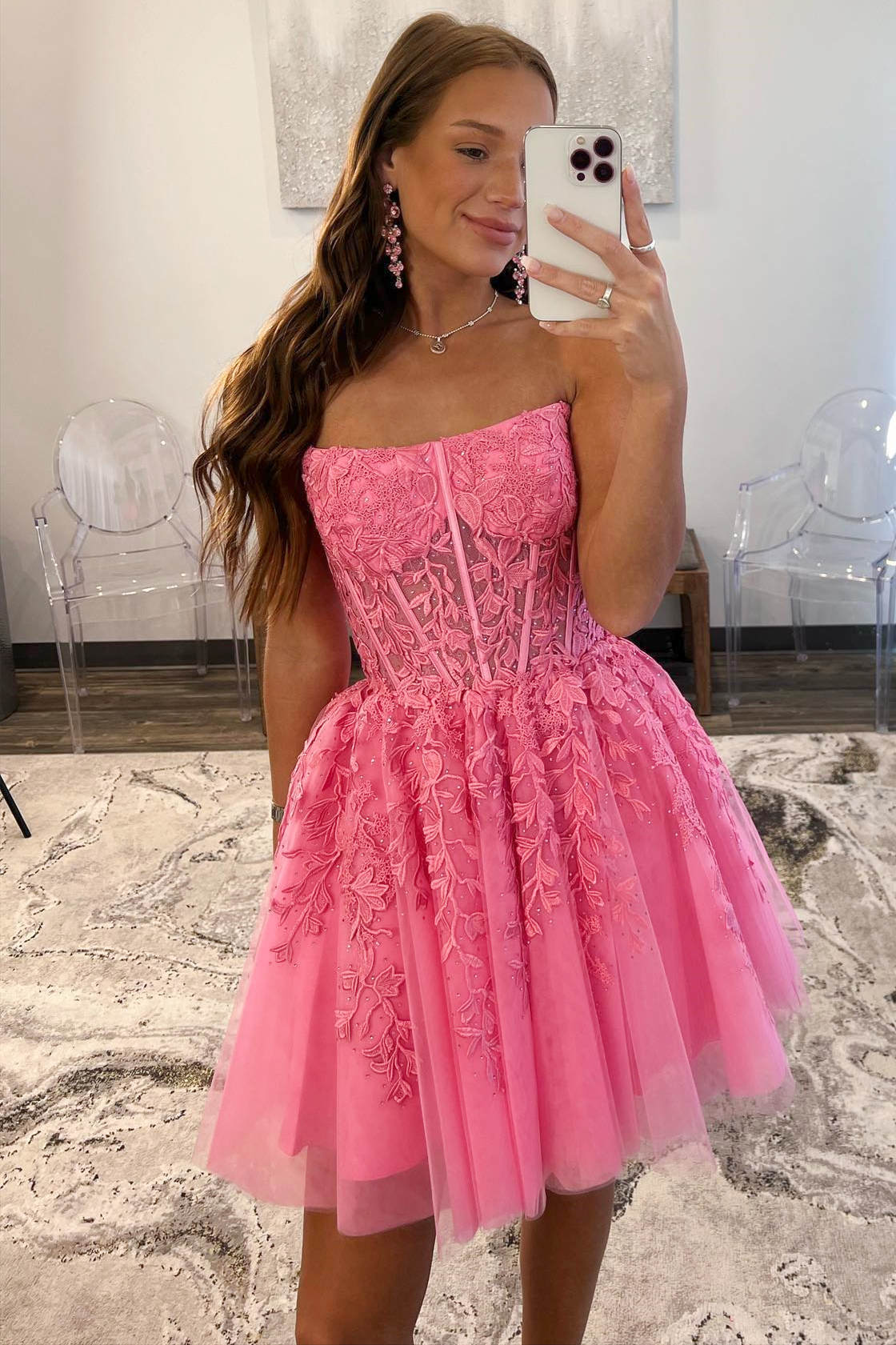 Strapless Short A-Line Tulle Party Dress with Appliques Lace