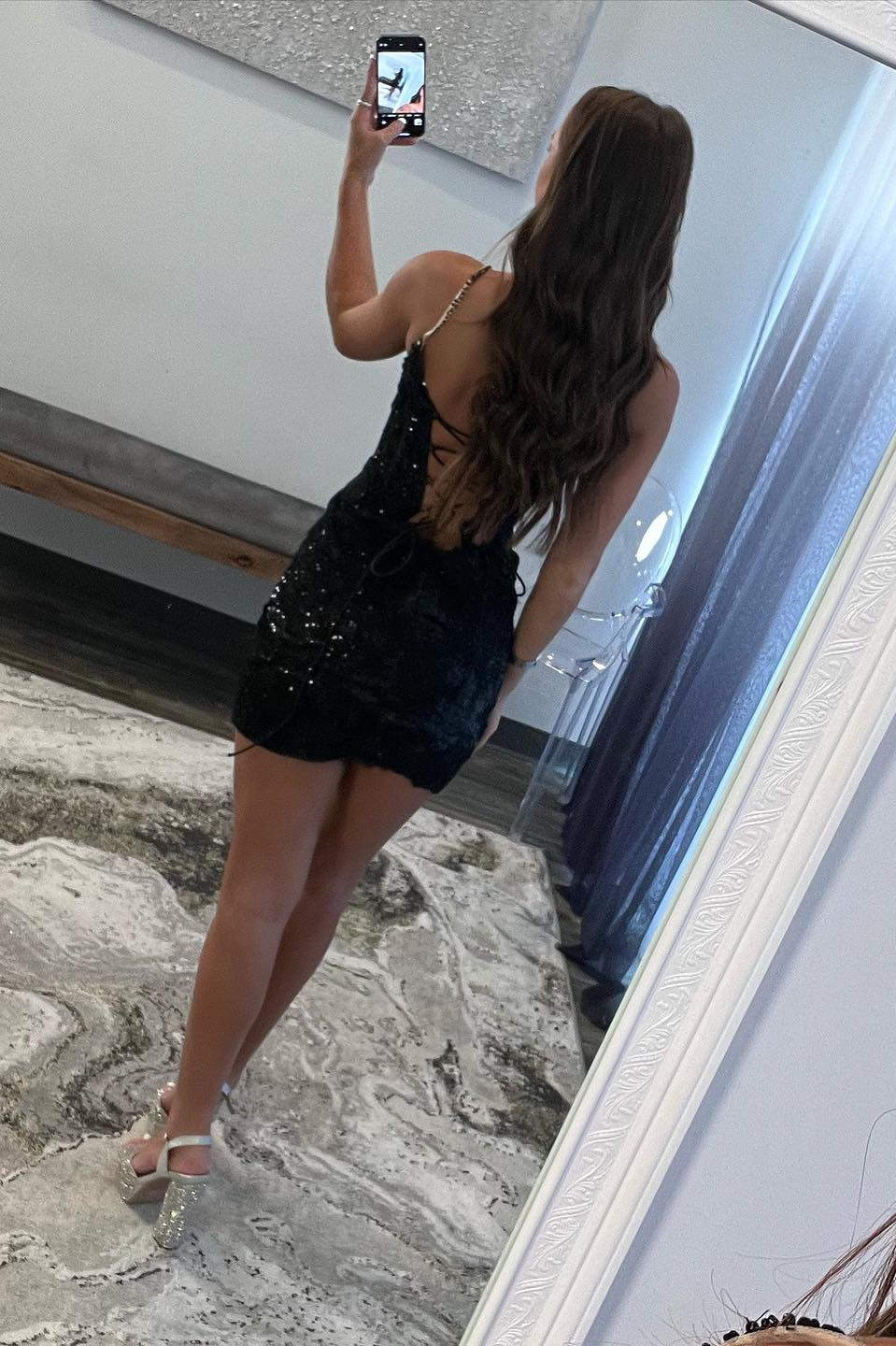 Mermaid Straps Black Open Back Sequin Short Homecoming Dress