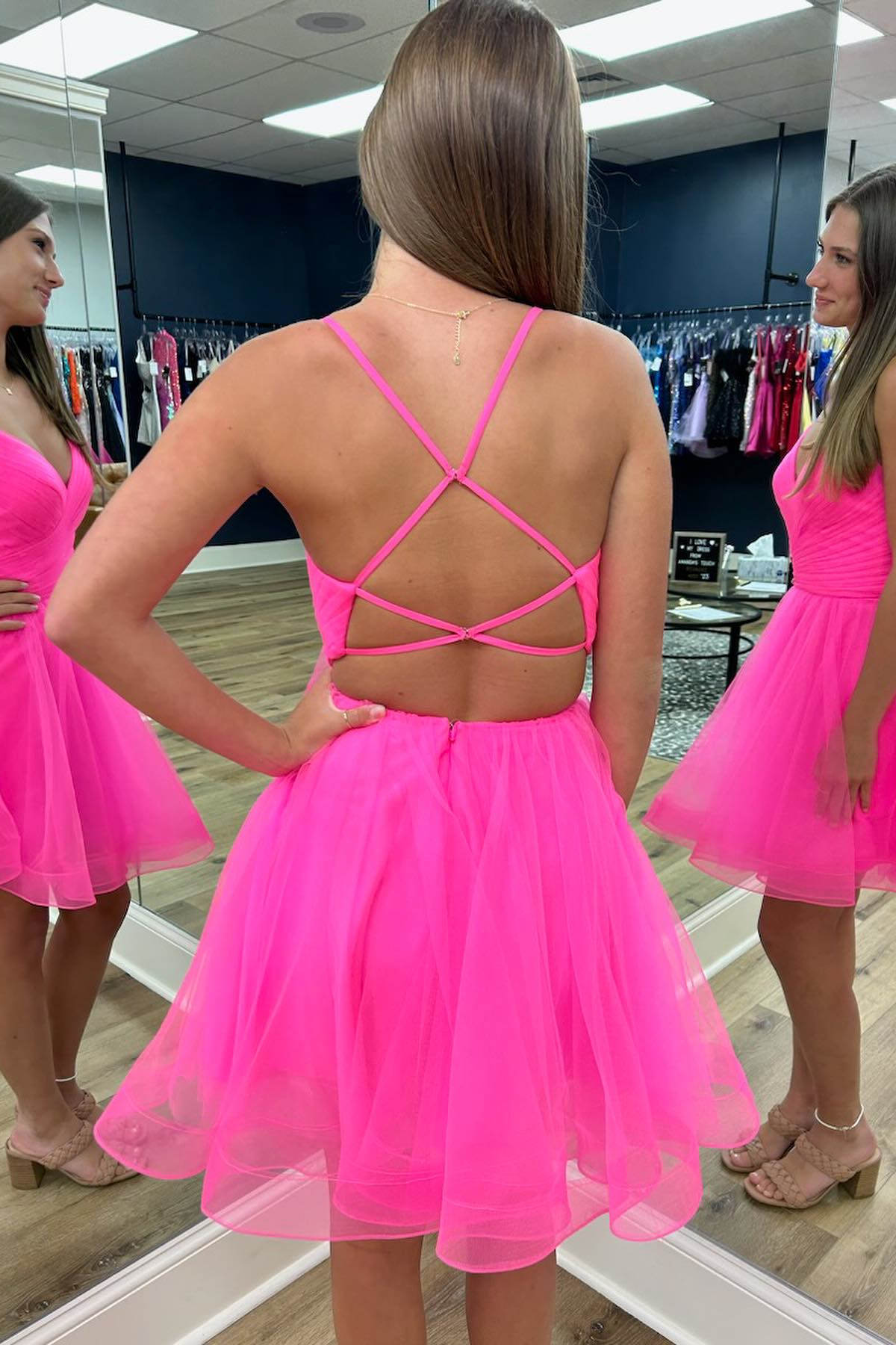 Short Spaghetti Straps A-Line Tulle Open Back Homecoming Dress