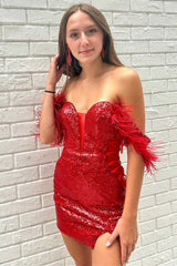 Off the Shoulder Feathered Red Sequin Short Mermaid Homecoming Dress