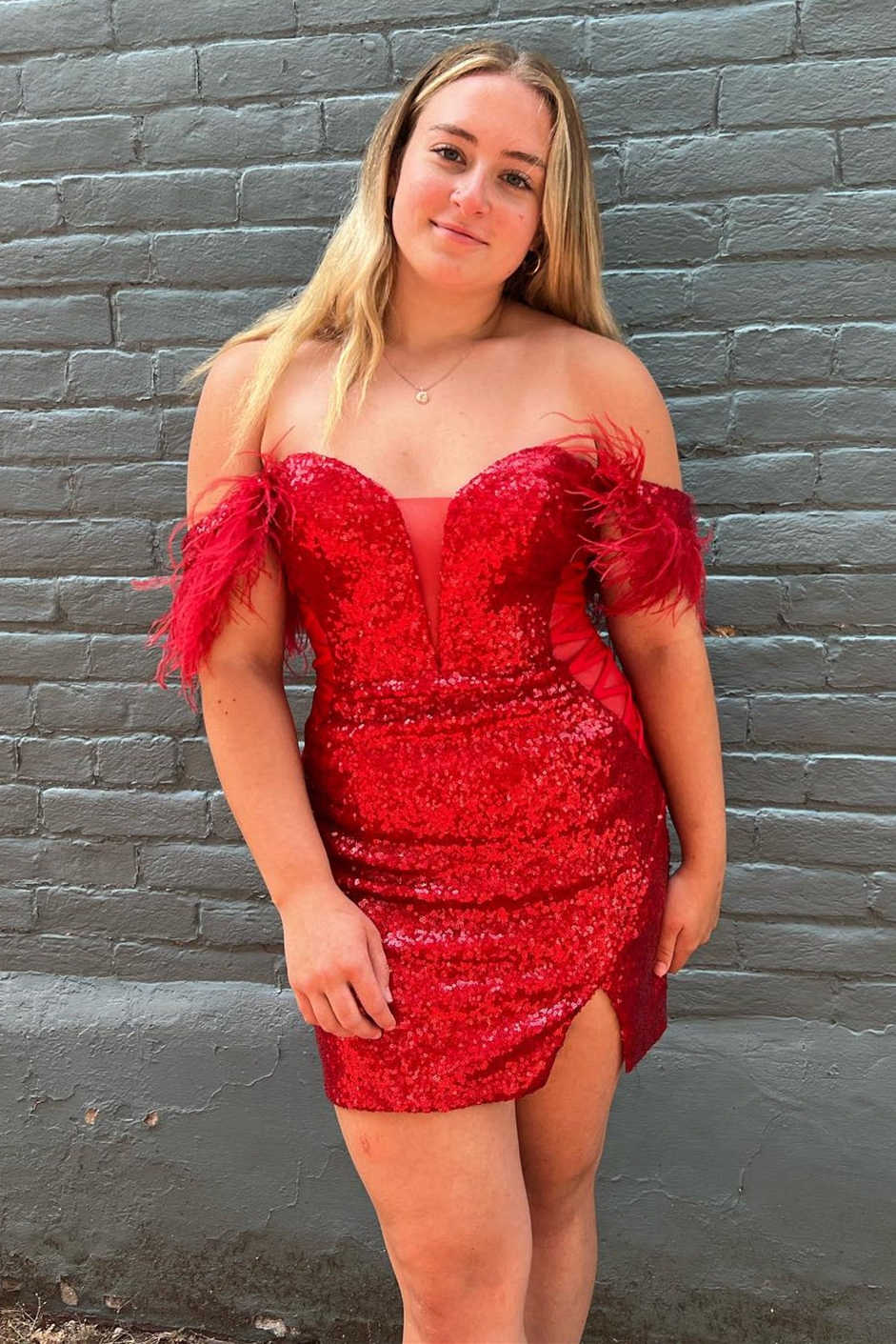 Off the Shoulder Feathered Red Sequin Short Mermaid Homecoming Dress
