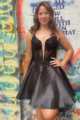 V-Neck Black Short A-line Satin Prom Dresses