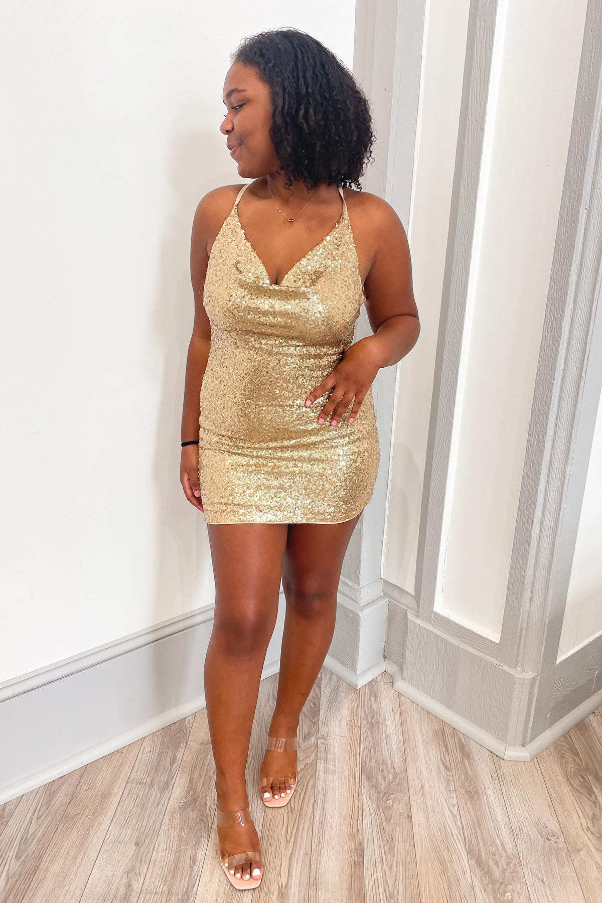Cowl Neck Dark Green Sequin Short Mermaid Backless Homecoming Dress