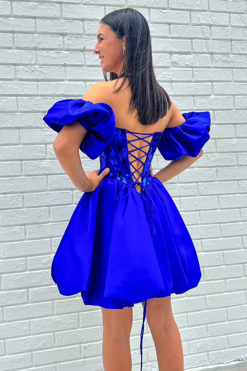 Sweetheart Royal Blue Satin A-line Sequin Short Homecoming Dress