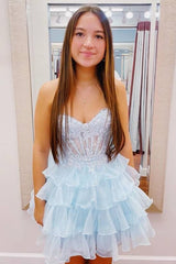 Short Sweetheart Applique Lace A-Line Ruffle Tulle Homecoming Dress