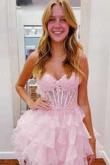 Short Sweetheart Applique Lace A-Line Ruffle Tulle Homecoming Dress