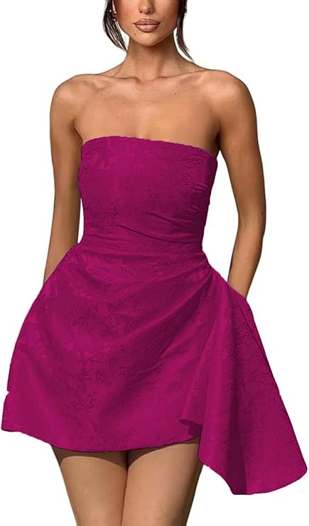 A-line Strapless Jacquard Satin Asymmetrical Lace up Sleeveless Short Homecoming Dress