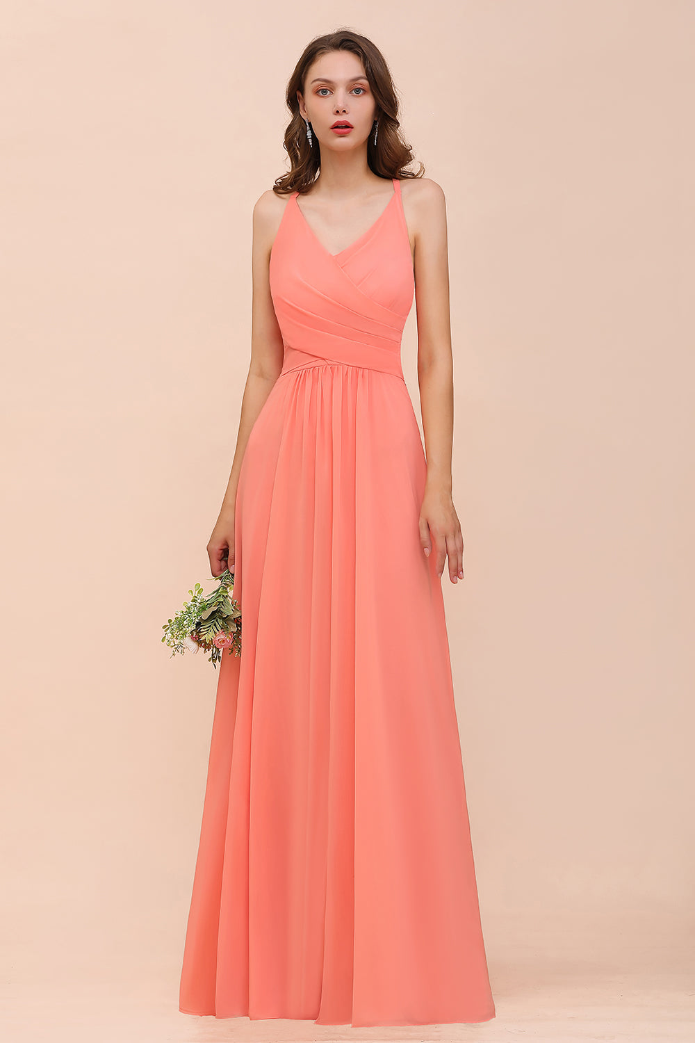 Glamorous Long A-line Chiffon V-neck Coral Bridesmaid Dress with Ruffle