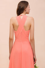 Glamorous Long A-line Chiffon V-neck Coral Bridesmaid Dress with Ruffle