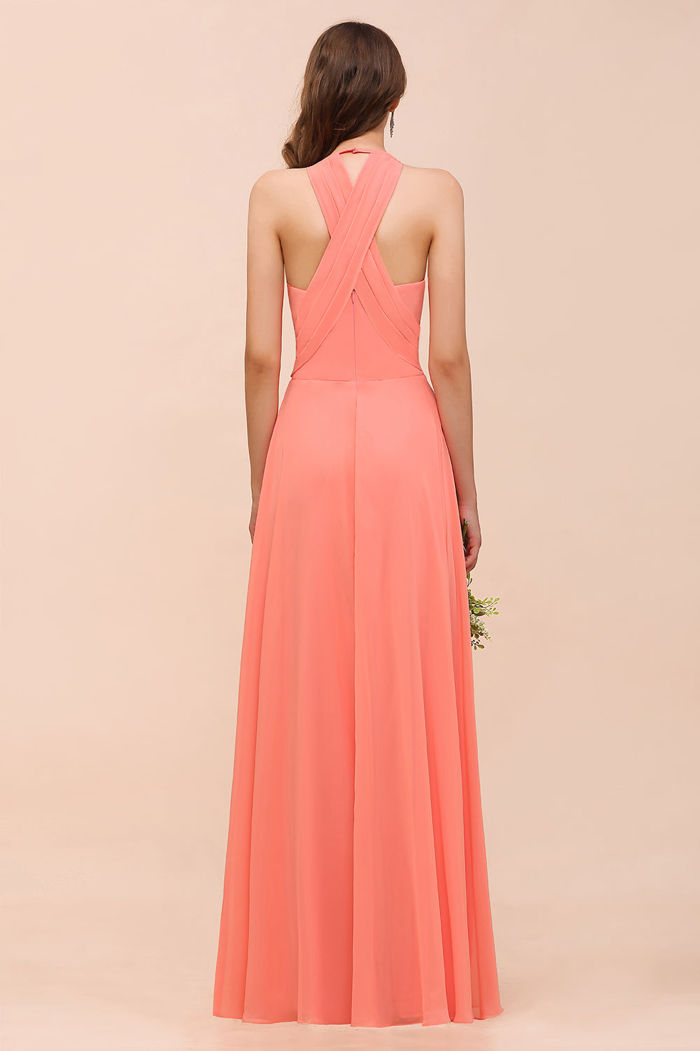 Glamorous Long A-line Chiffon V-neck Coral Bridesmaid Dress with Ruffle