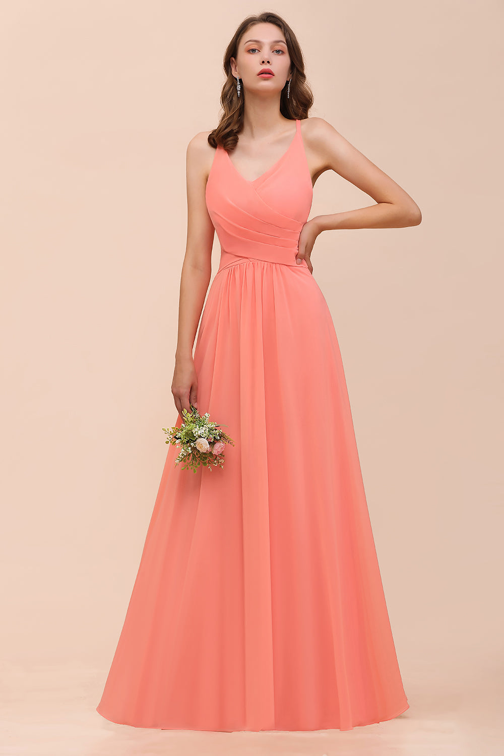 Glamorous Long A-line Chiffon V-neck Coral Bridesmaid Dress with Ruffle