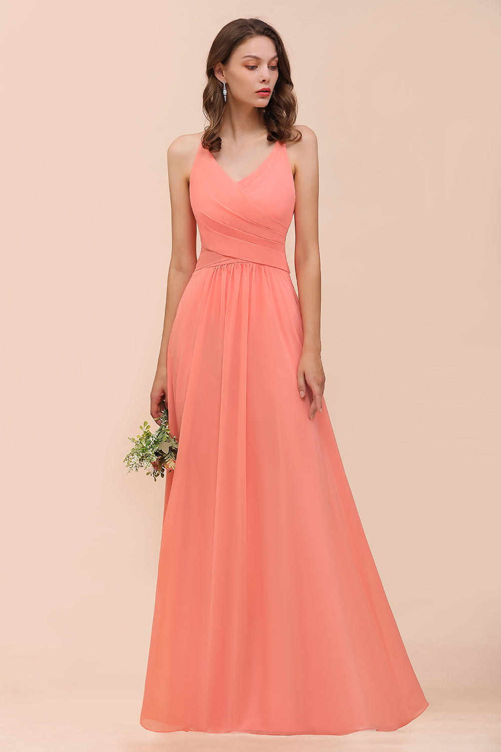 Glamorous Long A-line Chiffon V-neck Coral Bridesmaid Dress with Ruffle