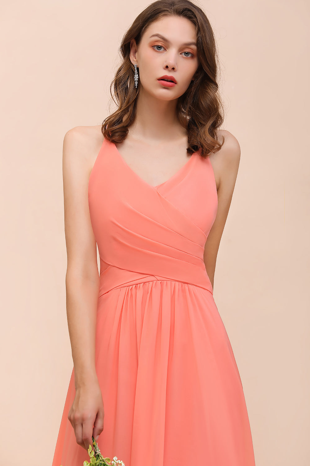 Glamorous Long A-line Chiffon V-neck Coral Bridesmaid Dress with Ruffle