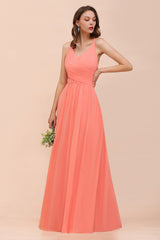 Glamorous Long A-line Chiffon V-neck Coral Bridesmaid Dress with Ruffle