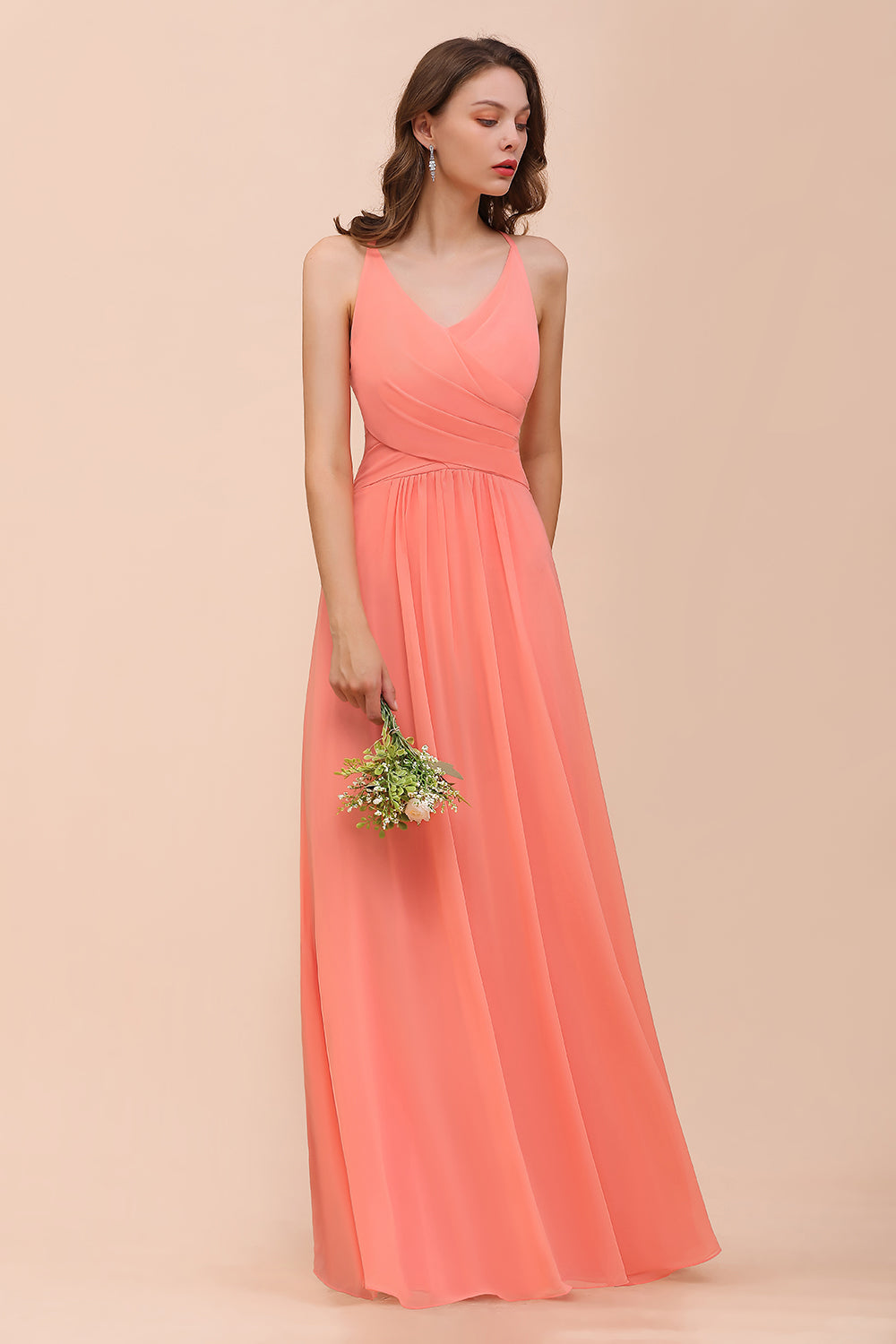 Glamorous Long A-line Chiffon V-neck Coral Bridesmaid Dress with Ruffle