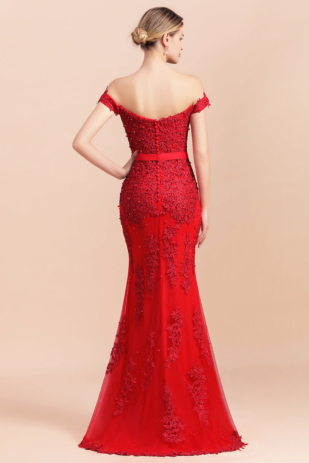 Glamorous Off the Shoulder Appliques Lace Tulle Mermaid Bridesmaid Dress