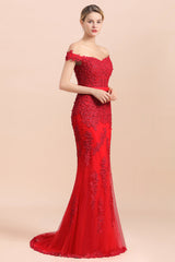 Glamorous Off the Shoulder Appliques Lace Tulle Mermaid Bridesmaid Dress