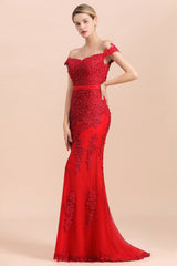 Glamorous Off the Shoulder Appliques Lace Tulle Mermaid Bridesmaid Dress