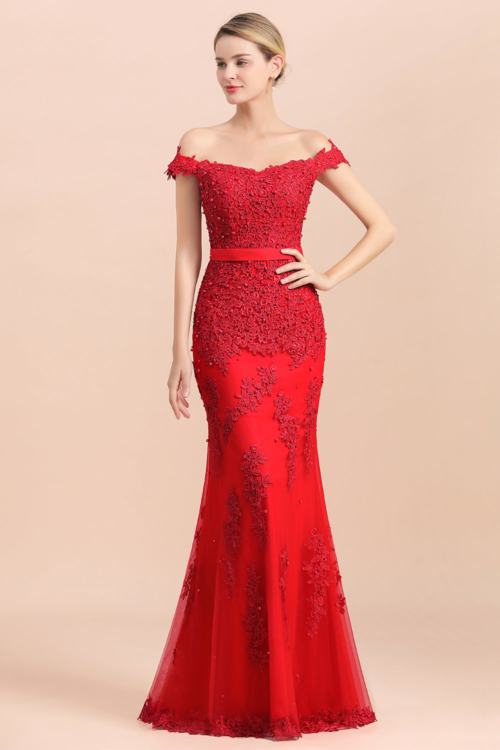 Glamorous Off the Shoulder Appliques Lace Tulle Mermaid Bridesmaid Dress