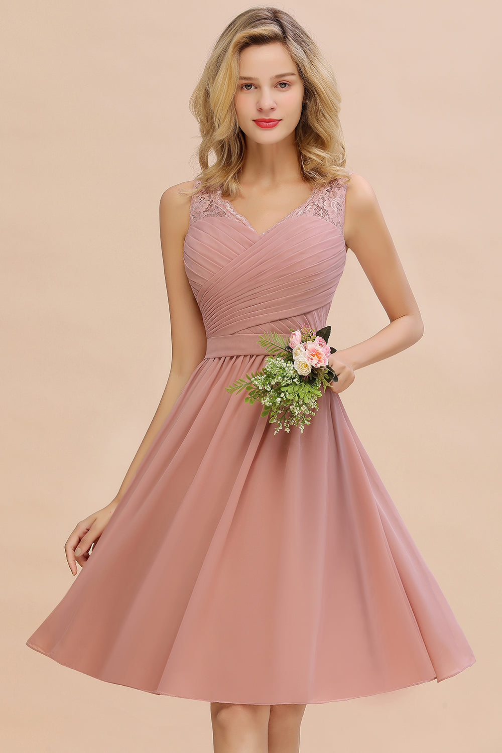 Glamorous Wide Straps A-Line V-neck Knee-length Ruched Bridesmaid Dress