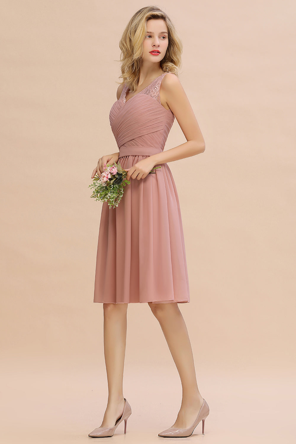 Glamorous Wide Straps A-Line V-neck Knee-length Ruched Bridesmaid Dress
