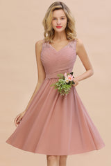 Glamorous Wide Straps A-Line V-neck Knee-length Ruched Bridesmaid Dress