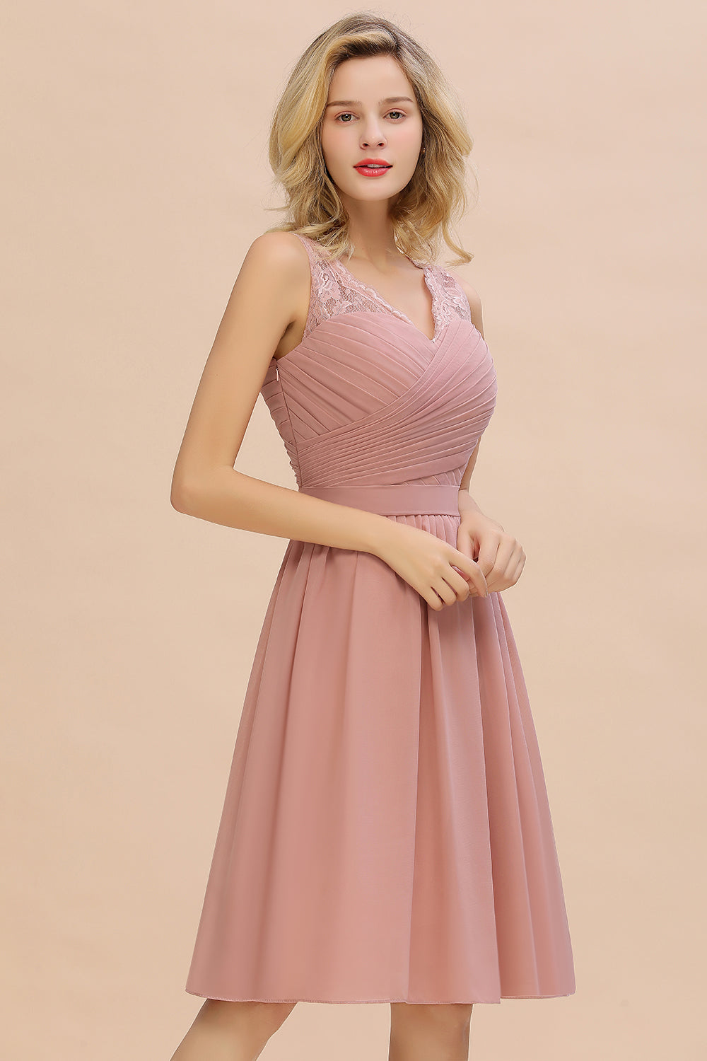 Glamorous Wide Straps A-Line V-neck Knee-length Ruched Bridesmaid Dress