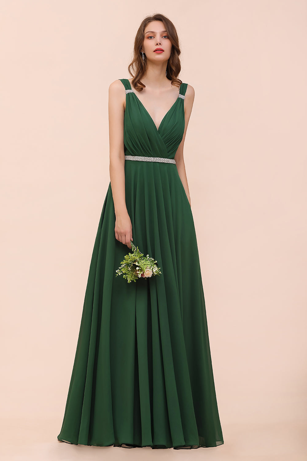 Gorgeous Long A-ine V-Neck Chiffon Bridesmaid Dress with Beading Sash