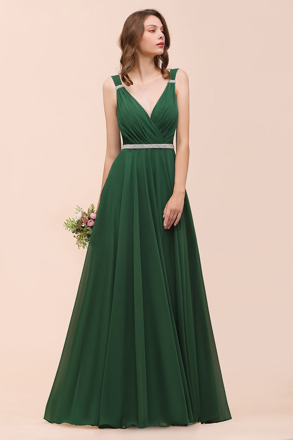 Gorgeous Long A-ine V-Neck Chiffon Bridesmaid Dress with Beading Sash