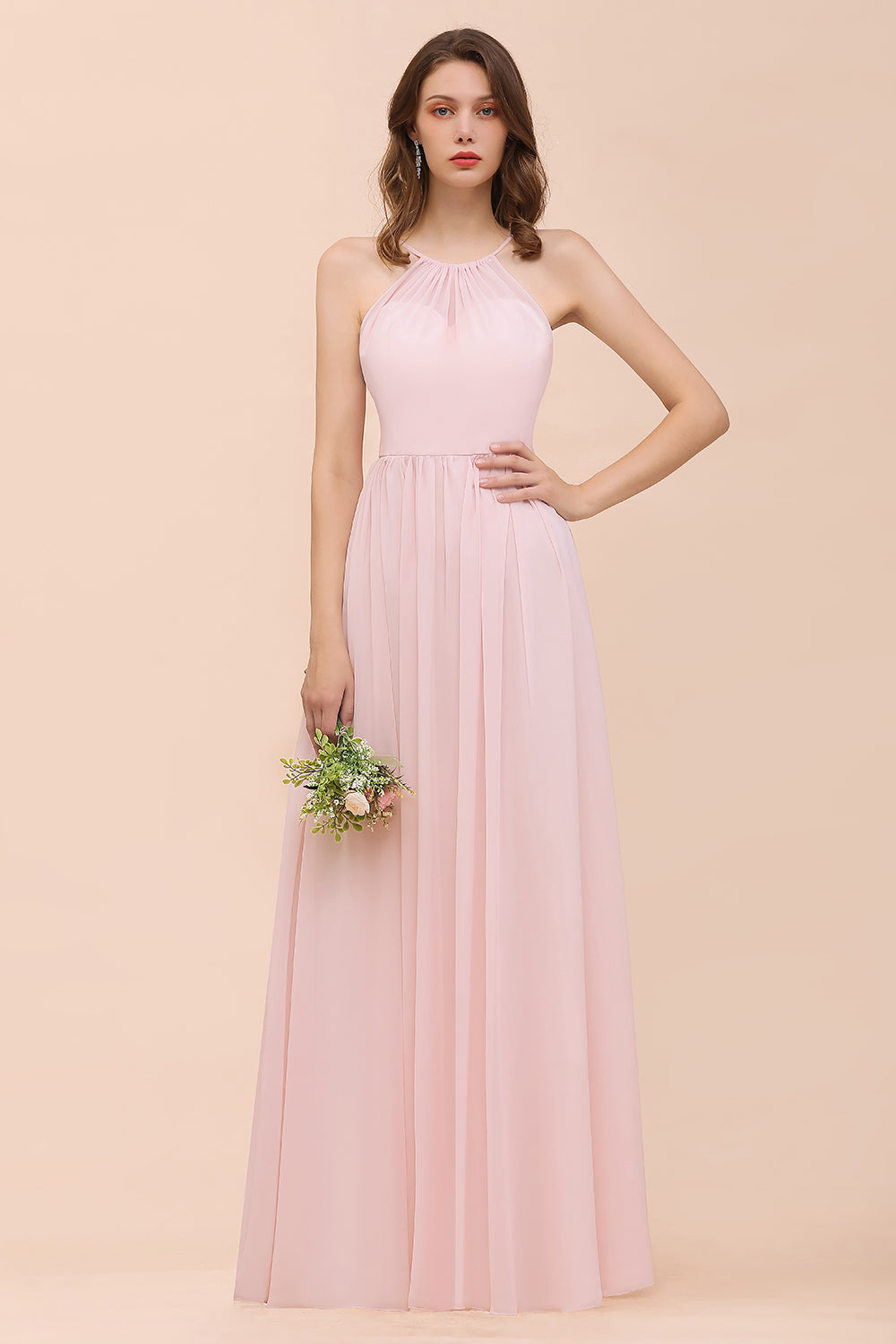 Gorgeous Long A-line Chiffon Halter Ruffle Spaghetti Straps Bridesmaid Dress