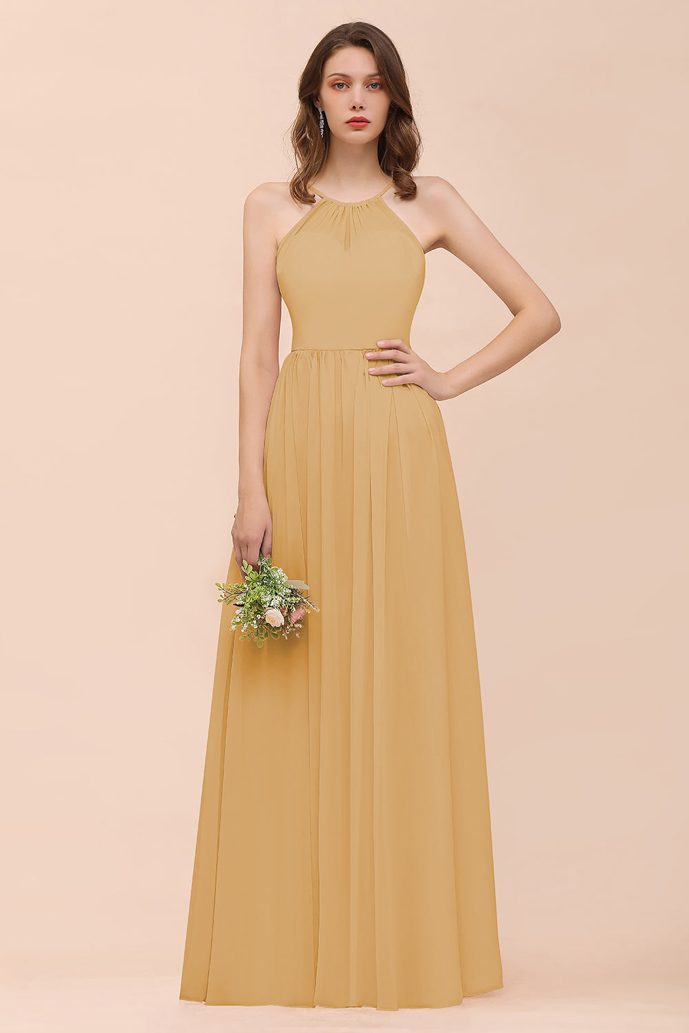 Gorgeous Long A-line Chiffon Halter Ruffle Spaghetti Straps Bridesmaid Dress