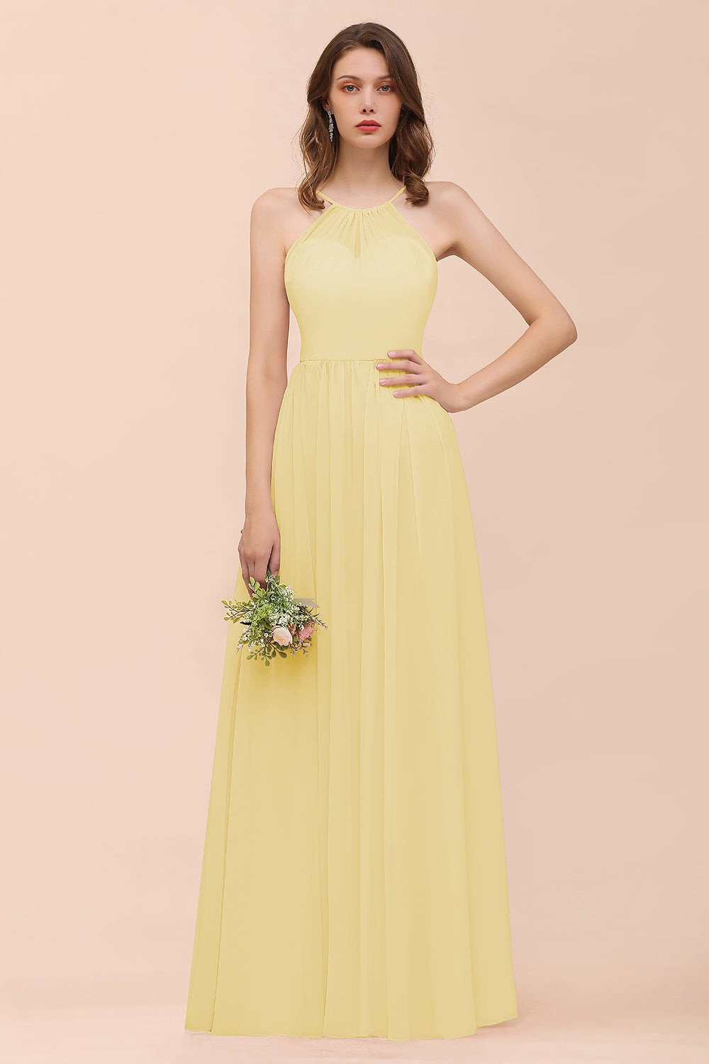 Gorgeous Long A-line Chiffon Halter Ruffle Spaghetti Straps Bridesmaid Dress