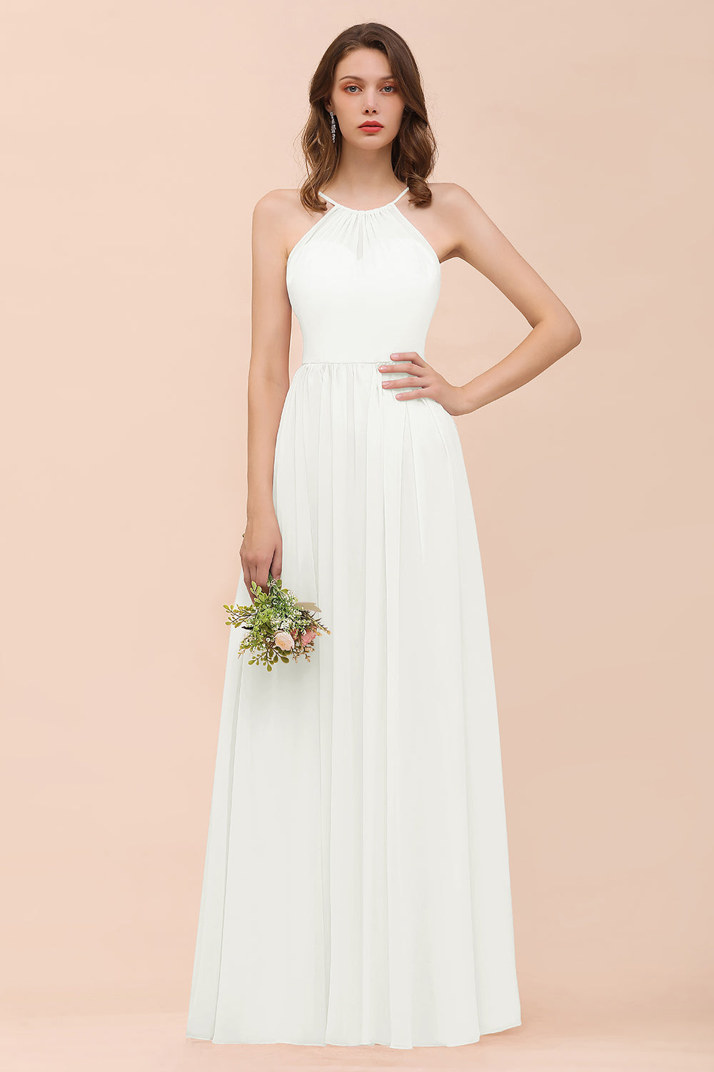 Gorgeous Long A-line Chiffon Halter Ruffle Spaghetti Straps Bridesmaid Dress