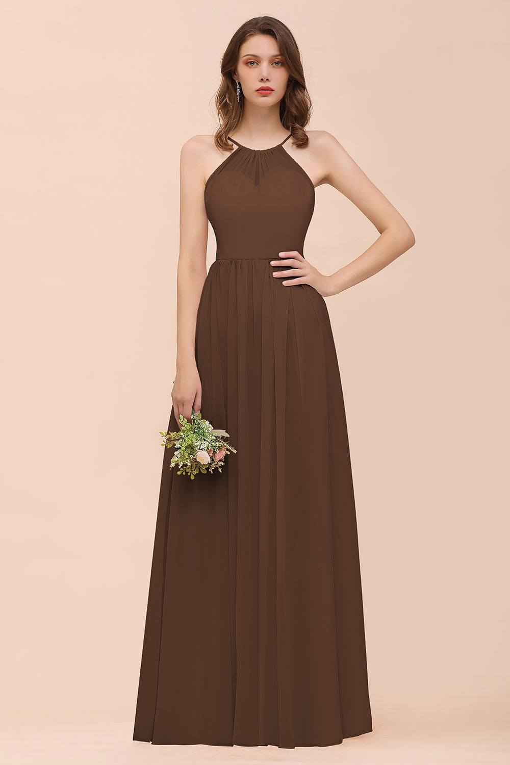Gorgeous Long A-line Chiffon Halter Ruffle Spaghetti Straps Bridesmaid Dress