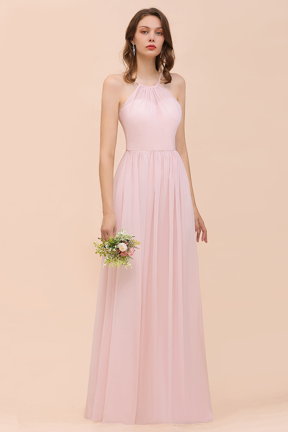 Gorgeous Long A-line Chiffon Halter Ruffle Spaghetti Straps Bridesmaid Dress