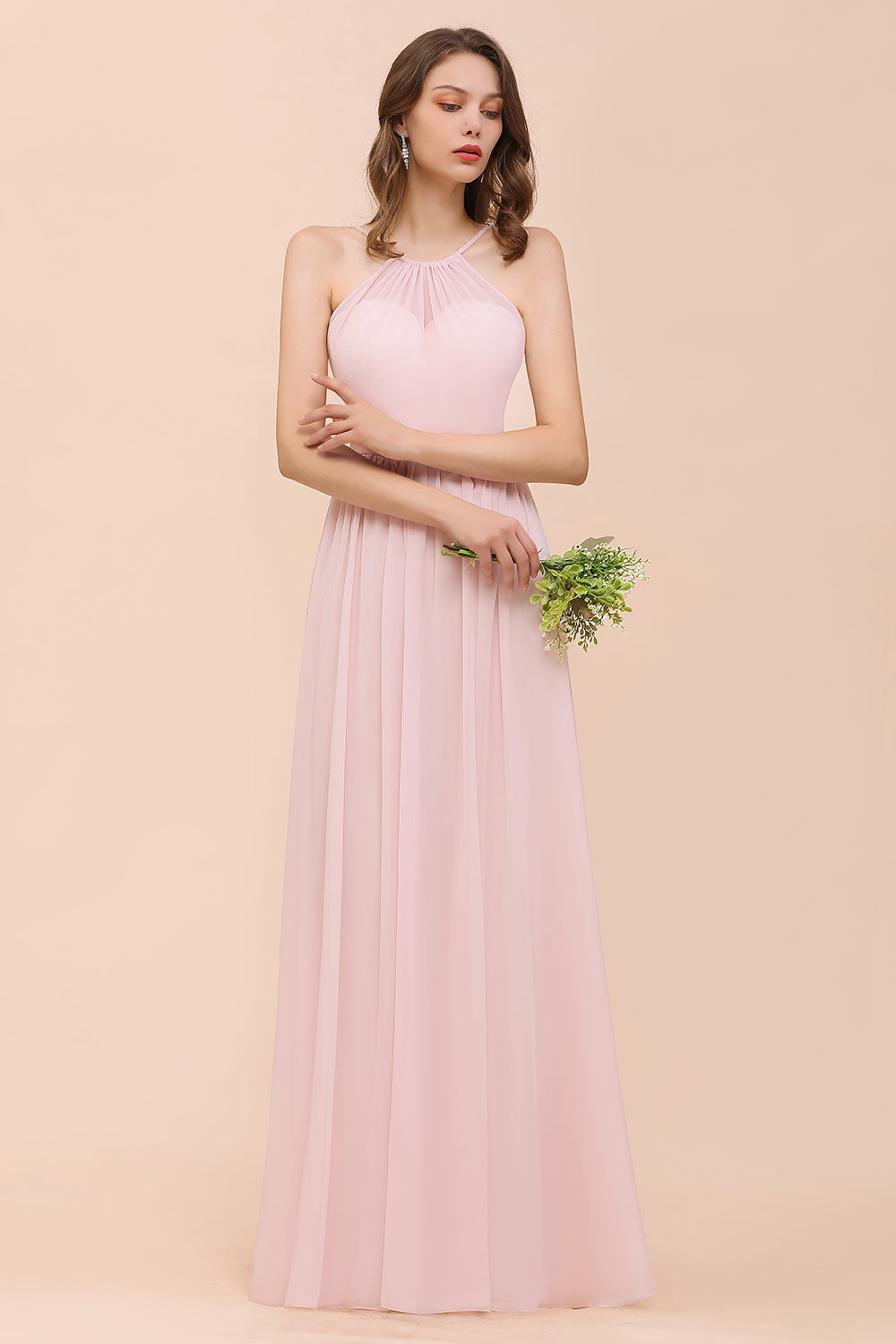 Gorgeous Long A-line Chiffon Halter Ruffle Spaghetti Straps Bridesmaid Dress