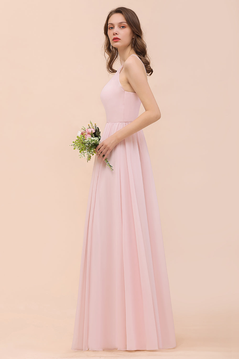 Gorgeous Long A-line Chiffon Halter Ruffle Spaghetti Straps Bridesmaid Dress