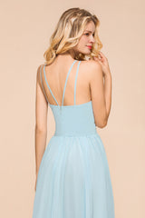 Gorgeous Long A-line Halter Chiffon Sky Blue Bridemaid Dress with Ruffle