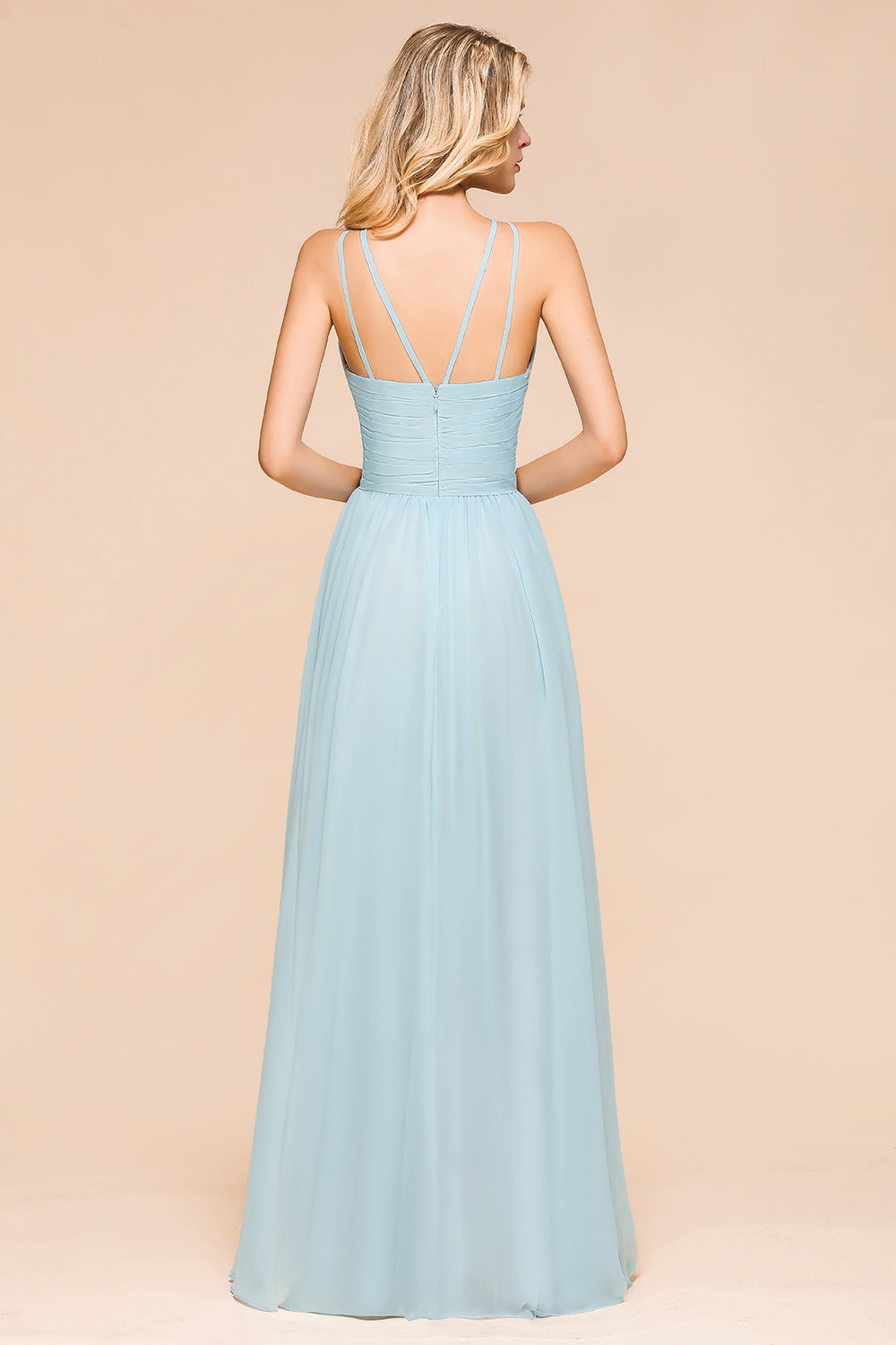 Gorgeous Long A-line Halter Chiffon Sky Blue Bridemaid Dress with Ruffle