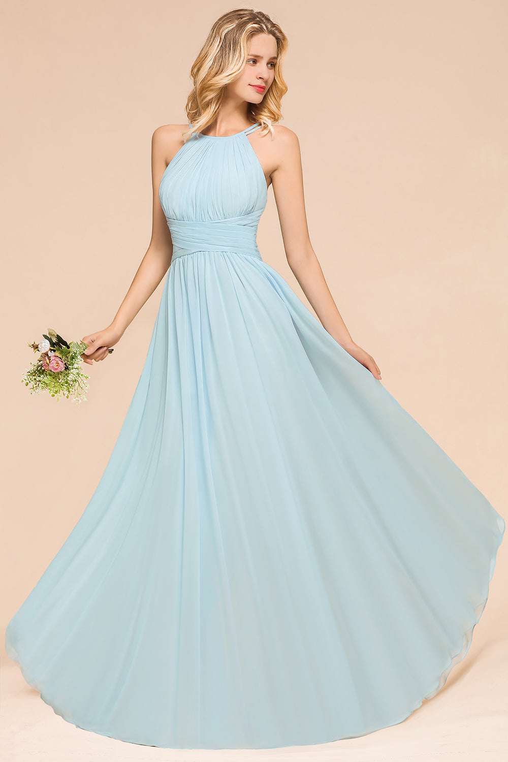 Gorgeous Long A-line Halter Chiffon Sky Blue Bridemaid Dress with Ruffle