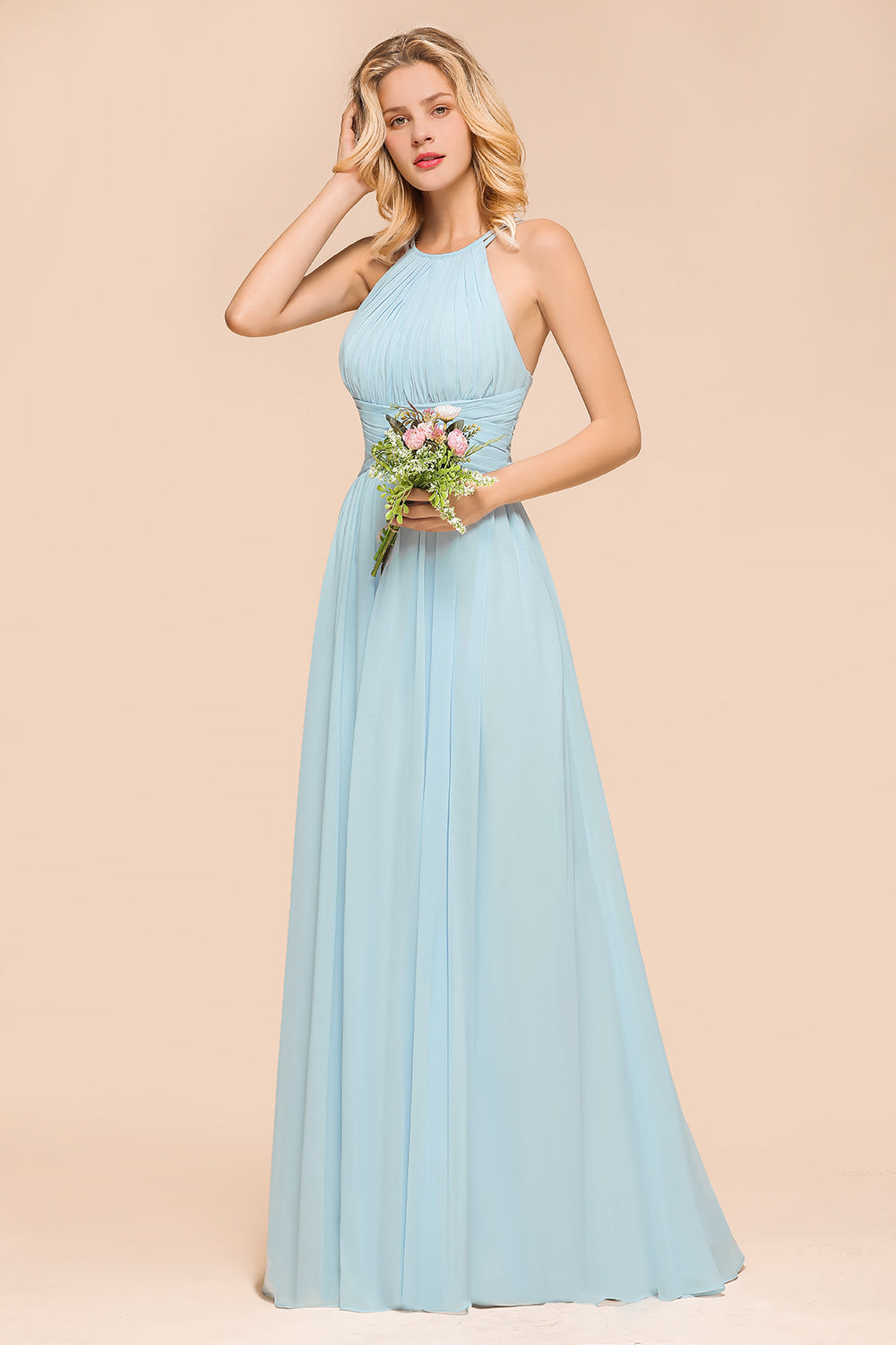 Gorgeous Long A-line Halter Chiffon Sky Blue Bridemaid Dress with Ruffle