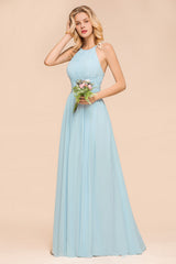 Gorgeous Long A-line Halter Chiffon Sky Blue Bridemaid Dress with Ruffle