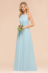 Gorgeous Long A-line Halter Chiffon Sky Blue Bridemaid Dress with Ruffle