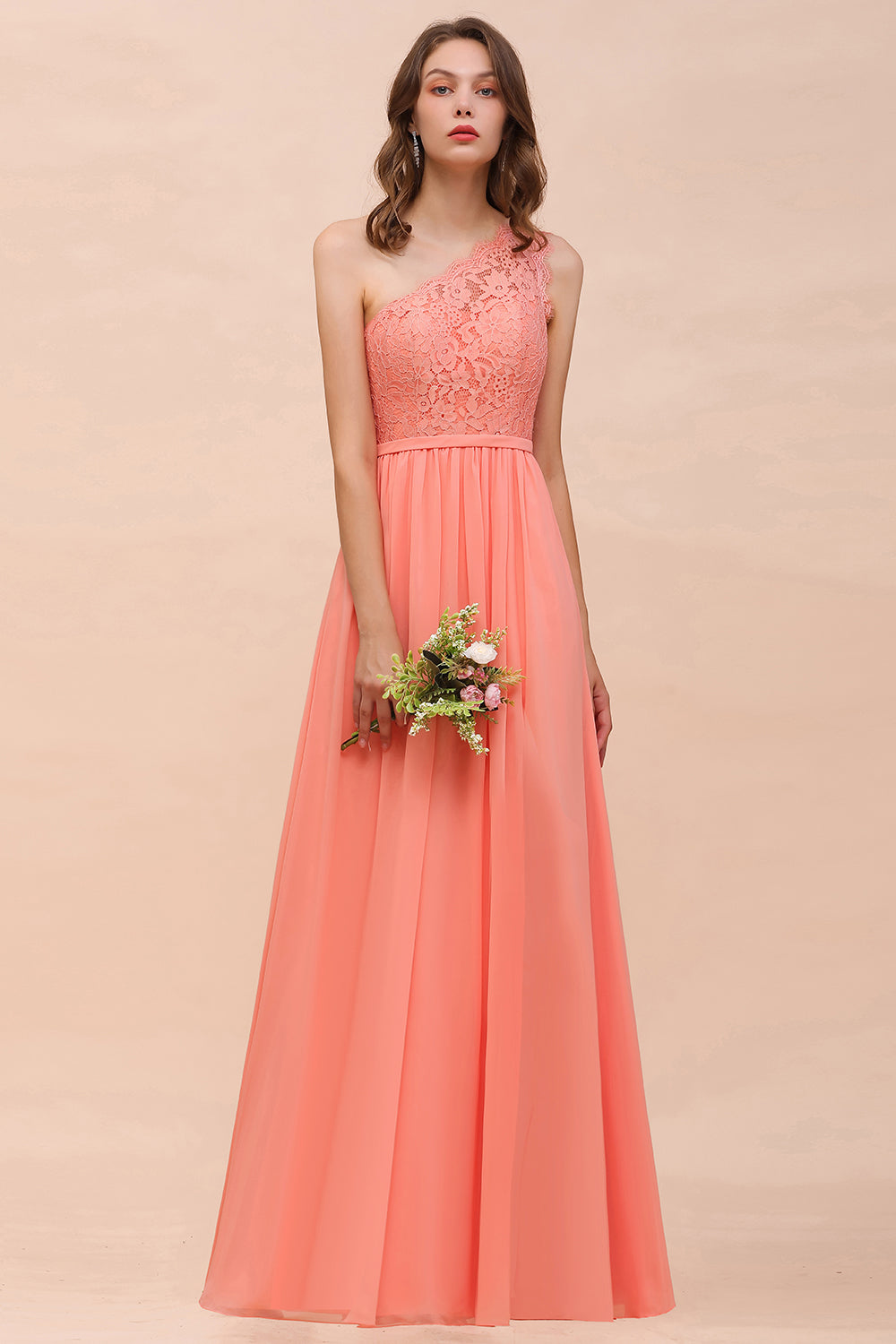 Gorgeous Long A-line One Shoulder Lace Coral Chiffon Bridesmaid Dress with Slit